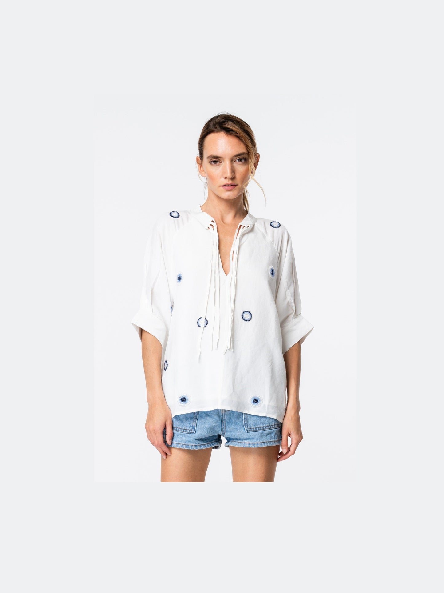 Meline Beaded Blouse with Neck Ties
