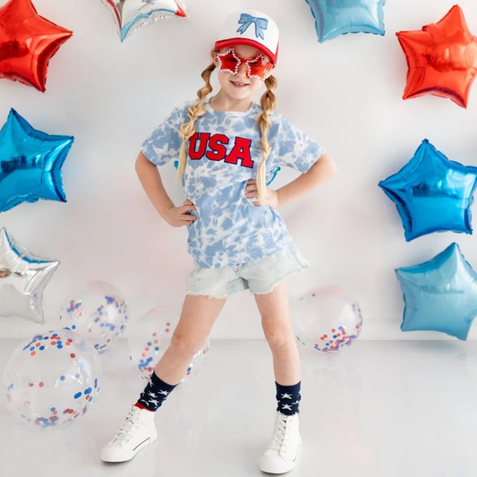 USA Patch Short Sleeve T-Shirt - Sky Tie Dye