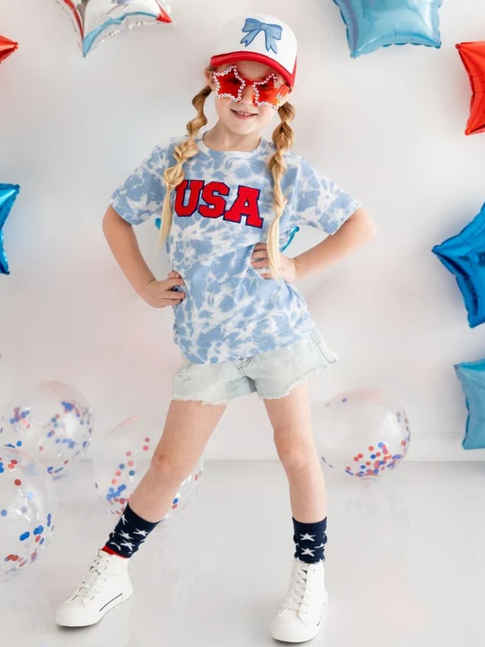 USA Patch Short Sleeve T-Shirt - Sky Tie Dye
