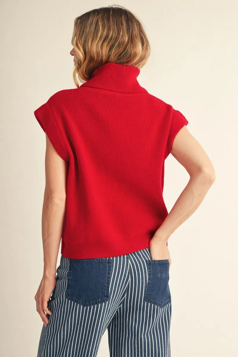 Turtle Neck Short Sleeve Sweater - Red