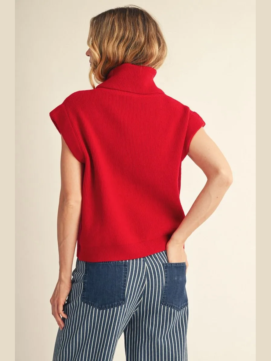 Turtle Neck Short Sleeve Sweater - Red