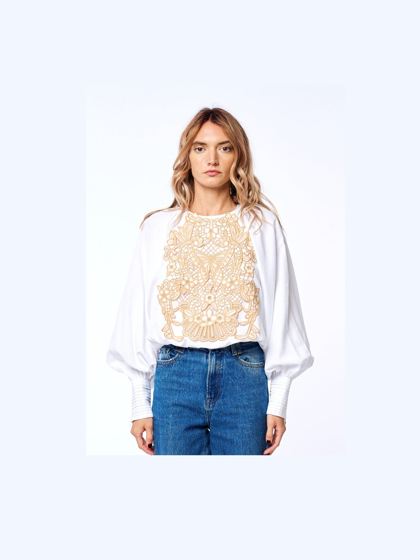 Lenny Embroidery Patch Long Sleeve Bubble Hem Top