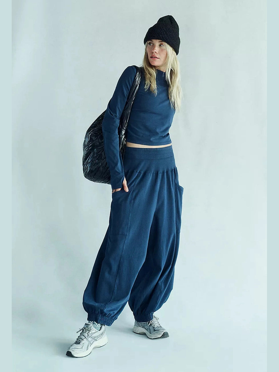 Women's navy blue Up In The Air Set with cropped mock neck top and high-rise harem pants