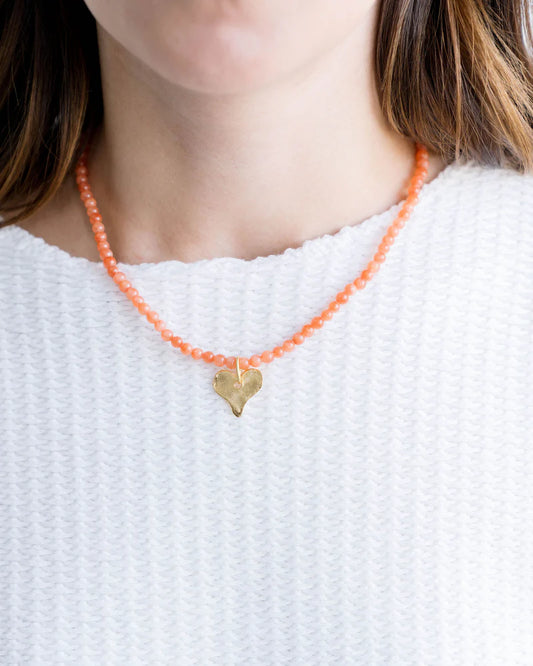 Handcast Gold Heart on Pink Coral Necklace