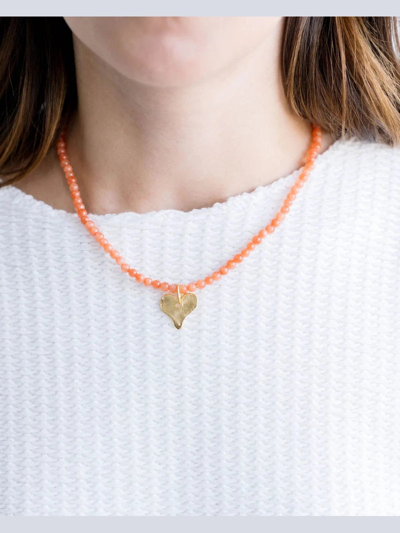 Handcast Gold Heart on Pink Coral Necklace