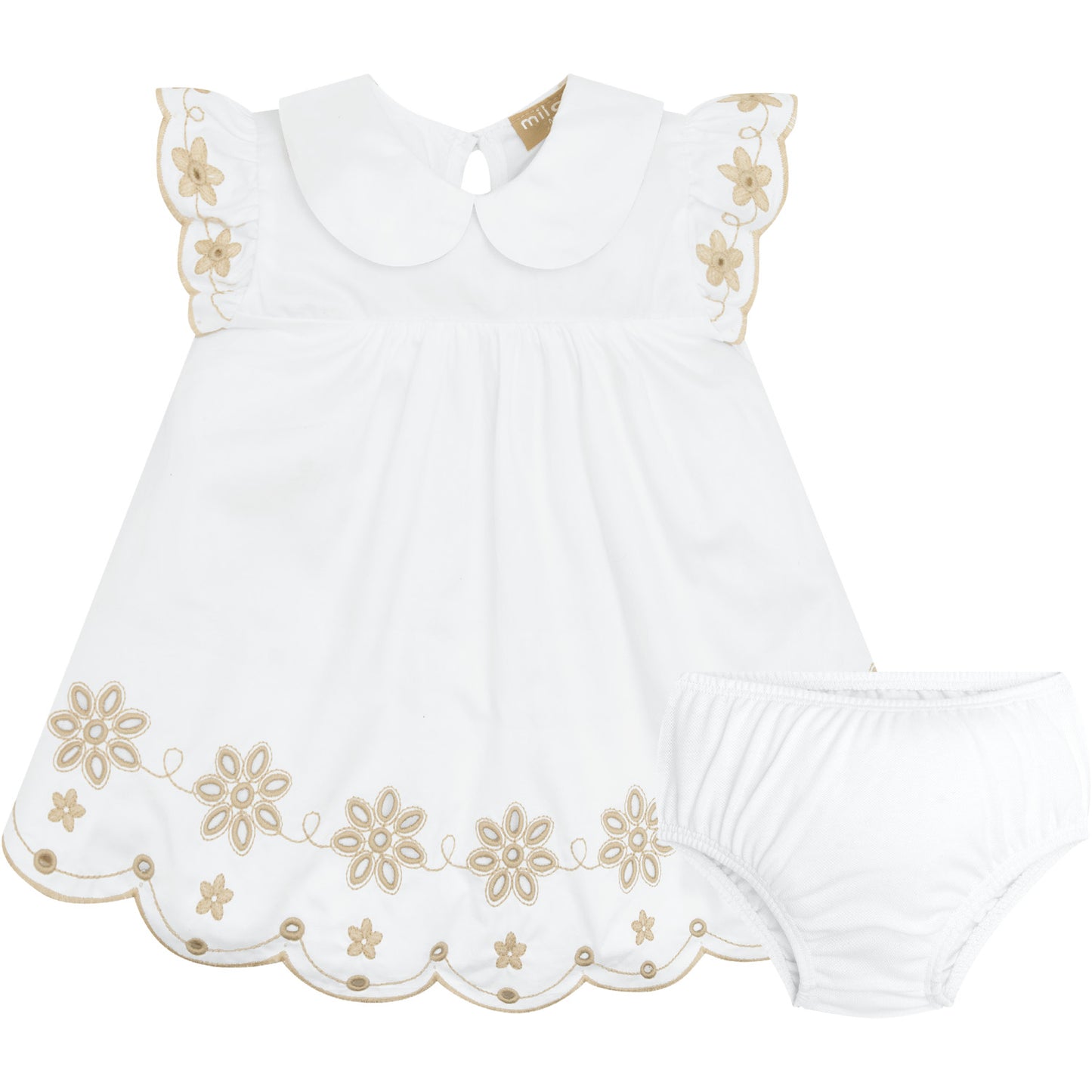 White and Sand Embroidery Dress