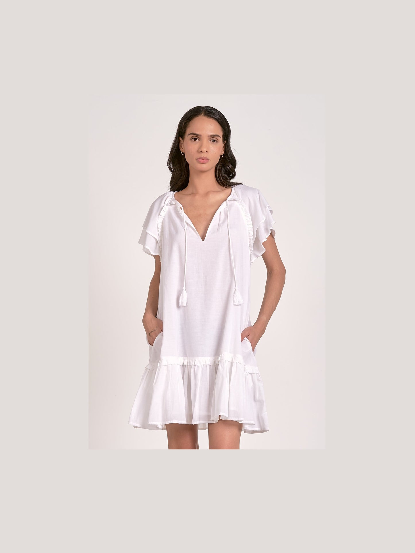 White Flutter Linen Dress