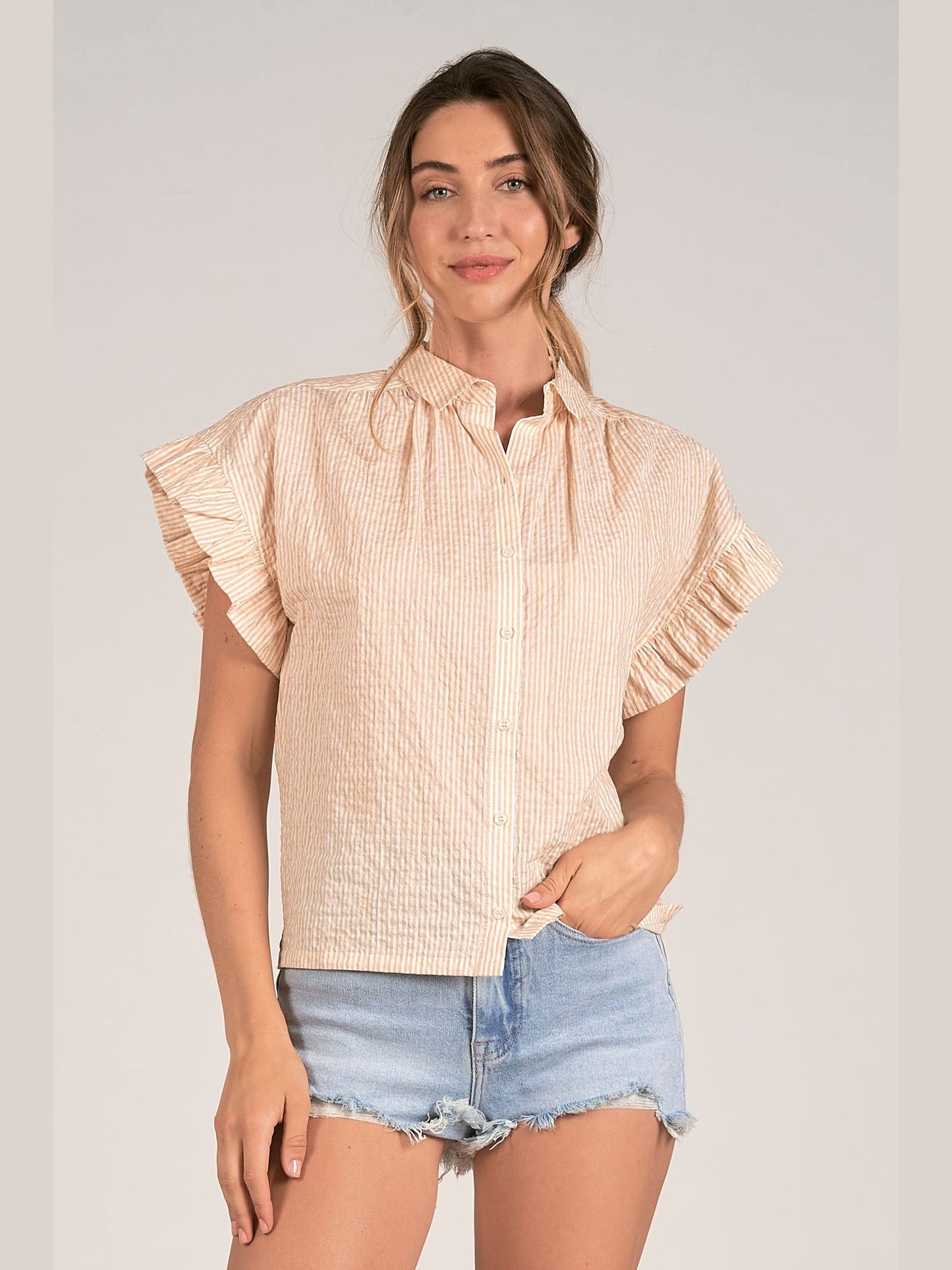 Striped Seersucker Pleated Sleeve Top