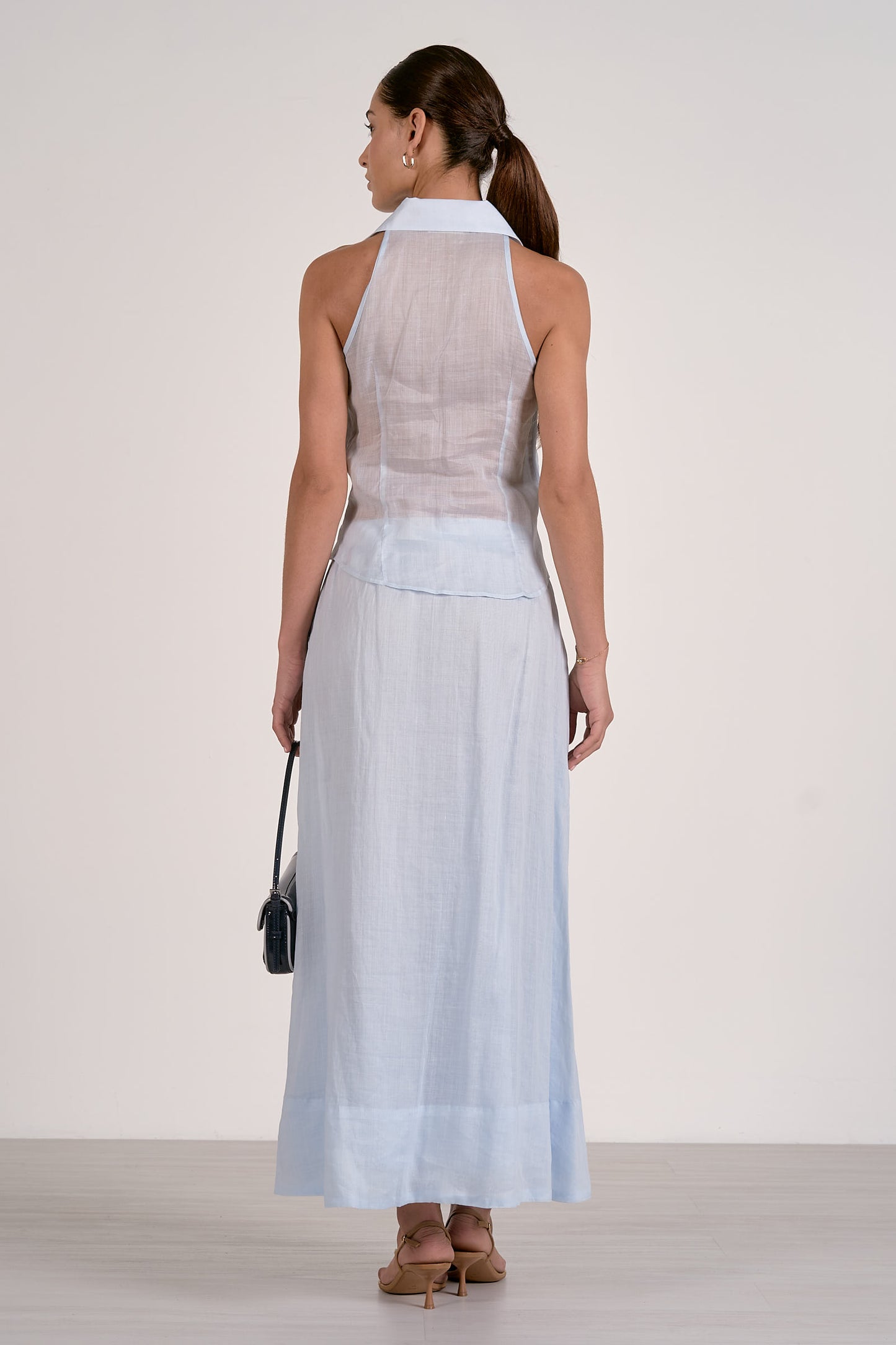 Linen Collared Tie Top - Light Blue