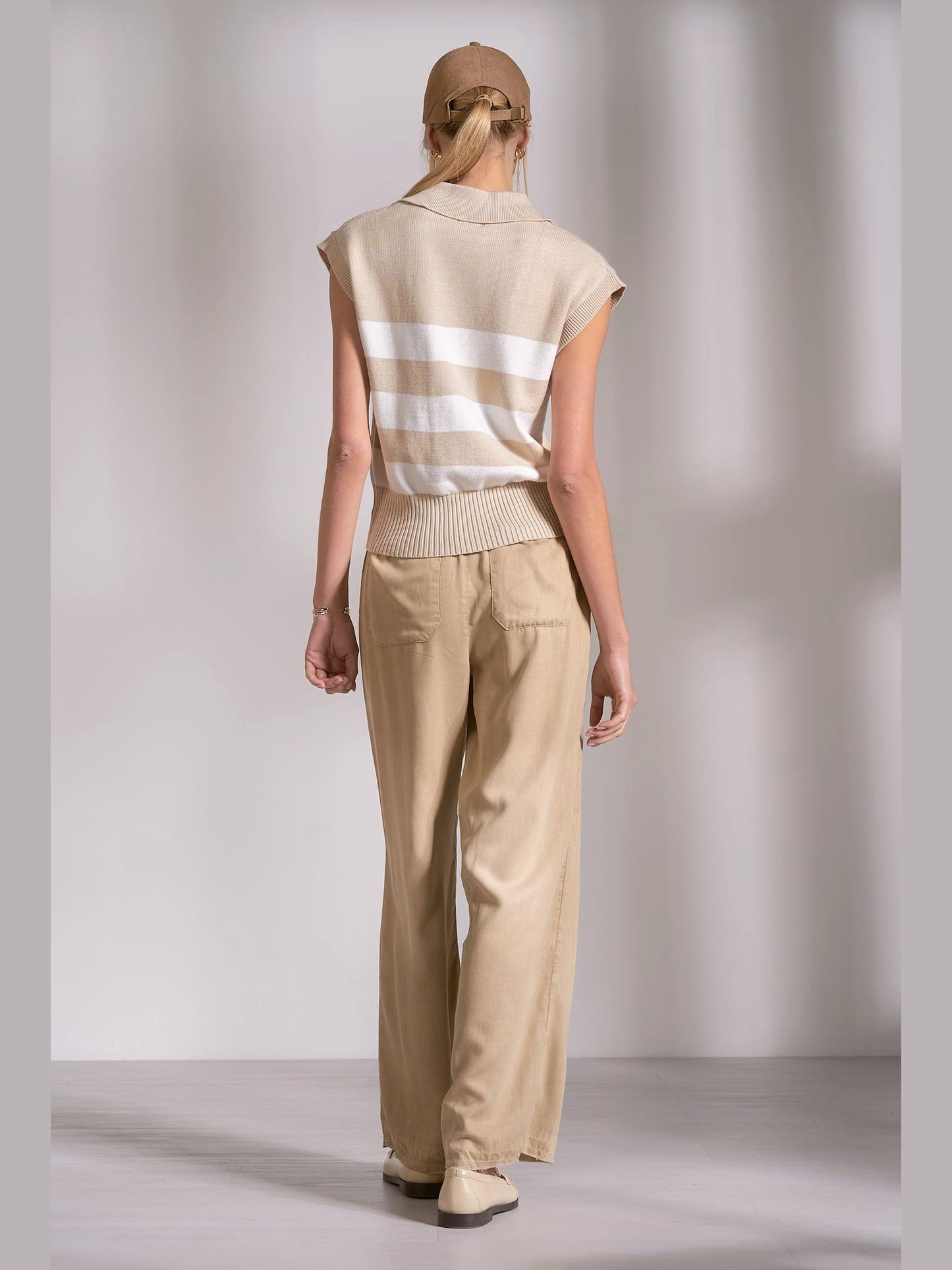 Beige Striped Collared Woven Sweater