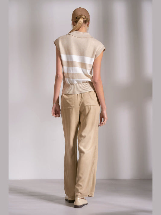 Beige Striped Collared Woven Sweater