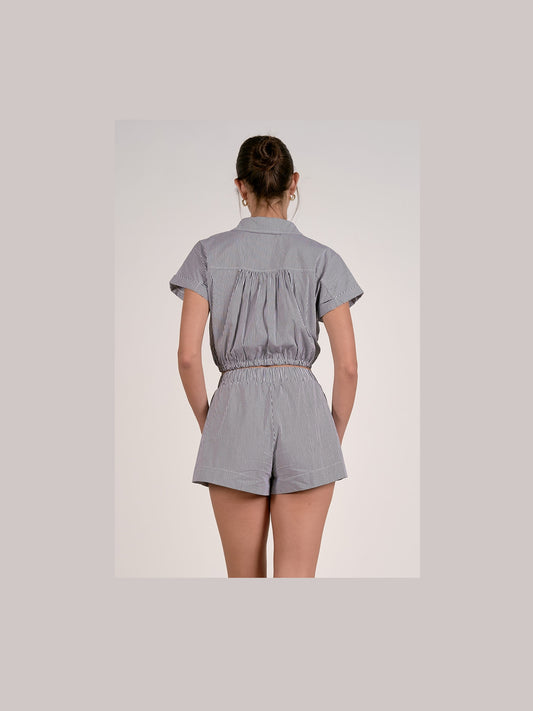 Striped Collared Tie Top - Dark Navy