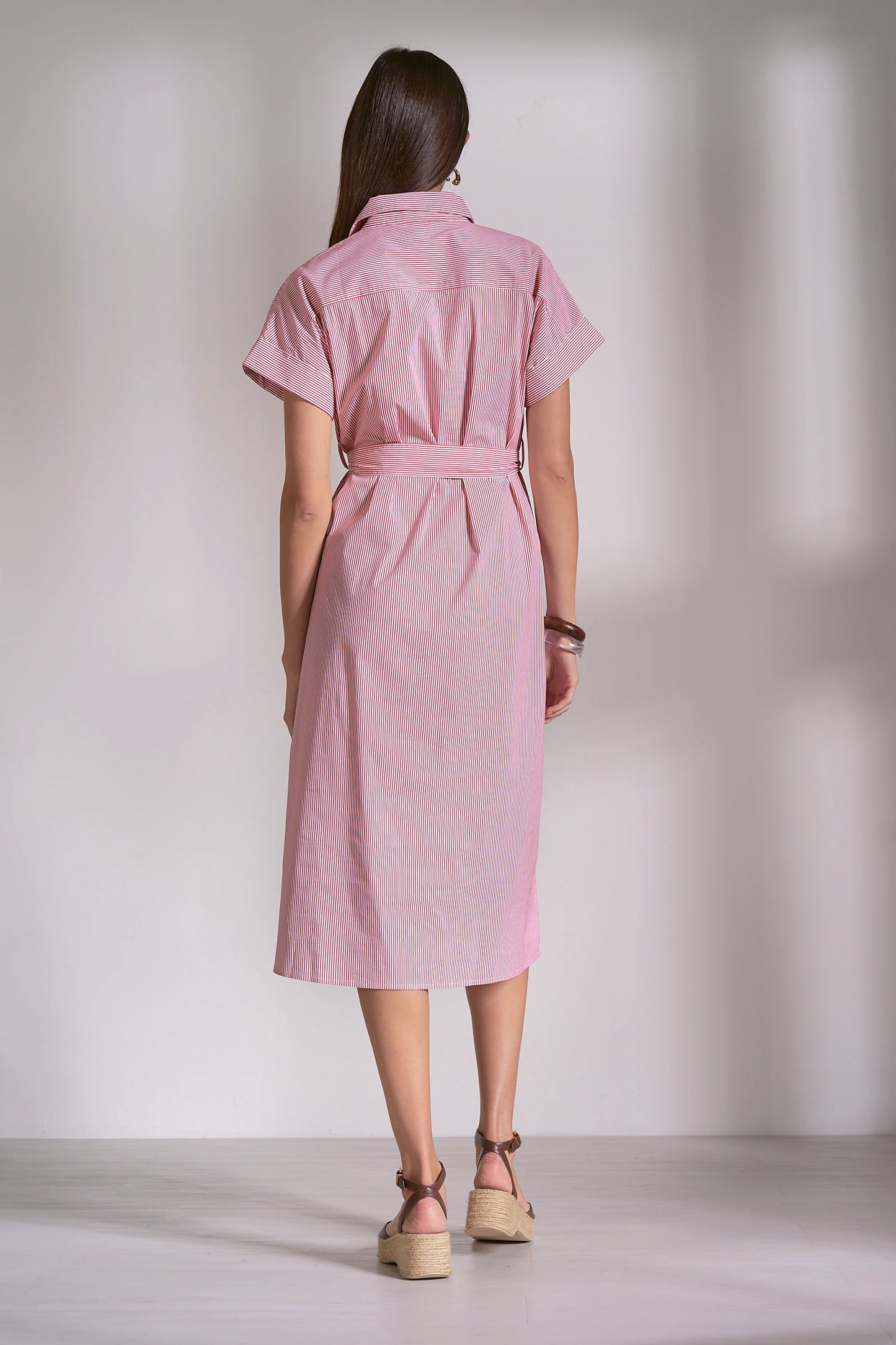 Striped Collared Tie Wrap Dress - Red