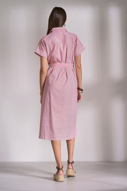 Striped Collared Tie Wrap Dress - Red