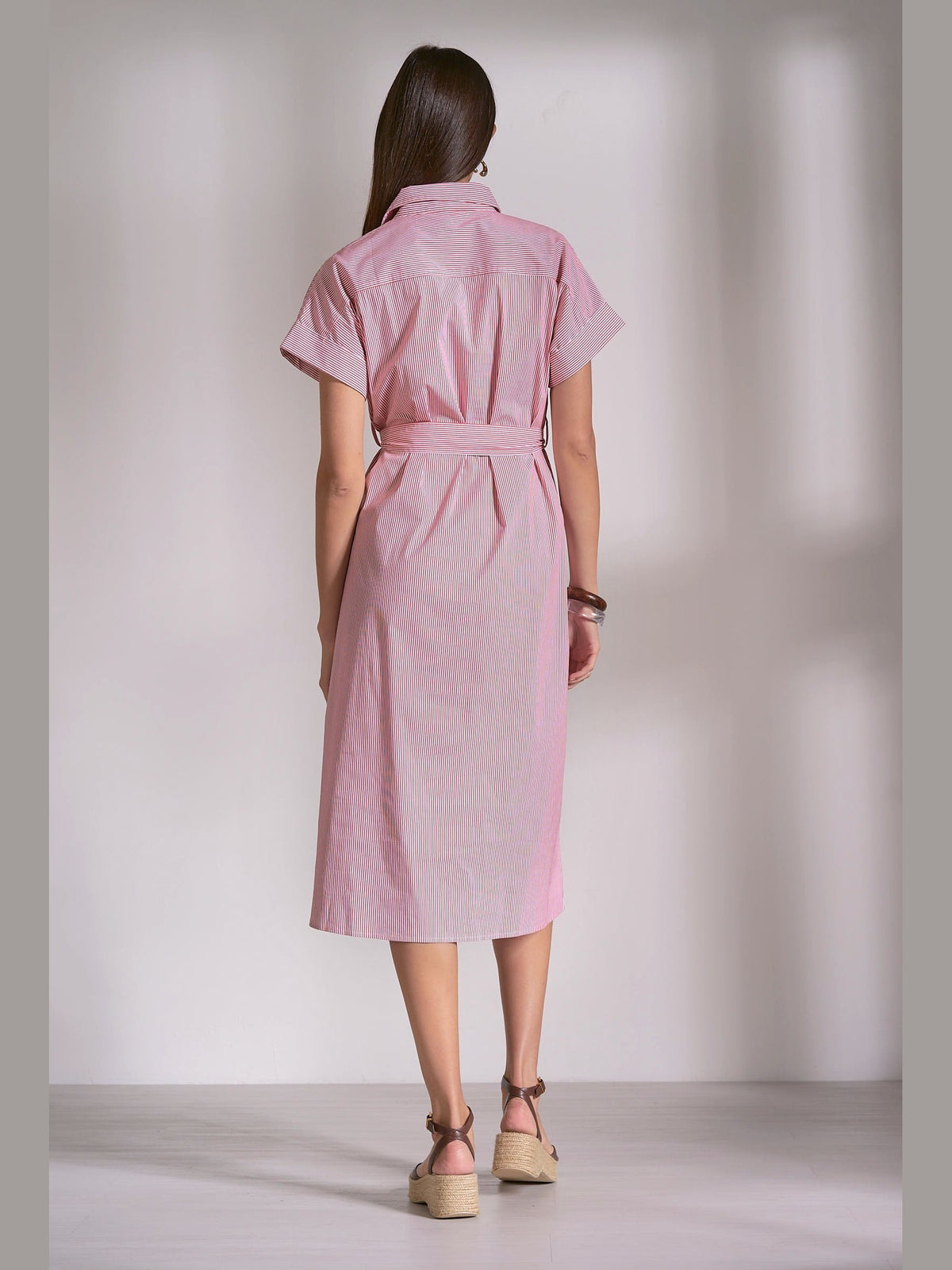 Striped Collared Tie Wrap Dress - Red