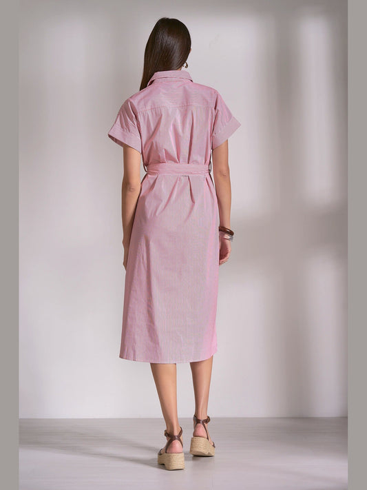Striped Collared Tie Wrap Dress - Red