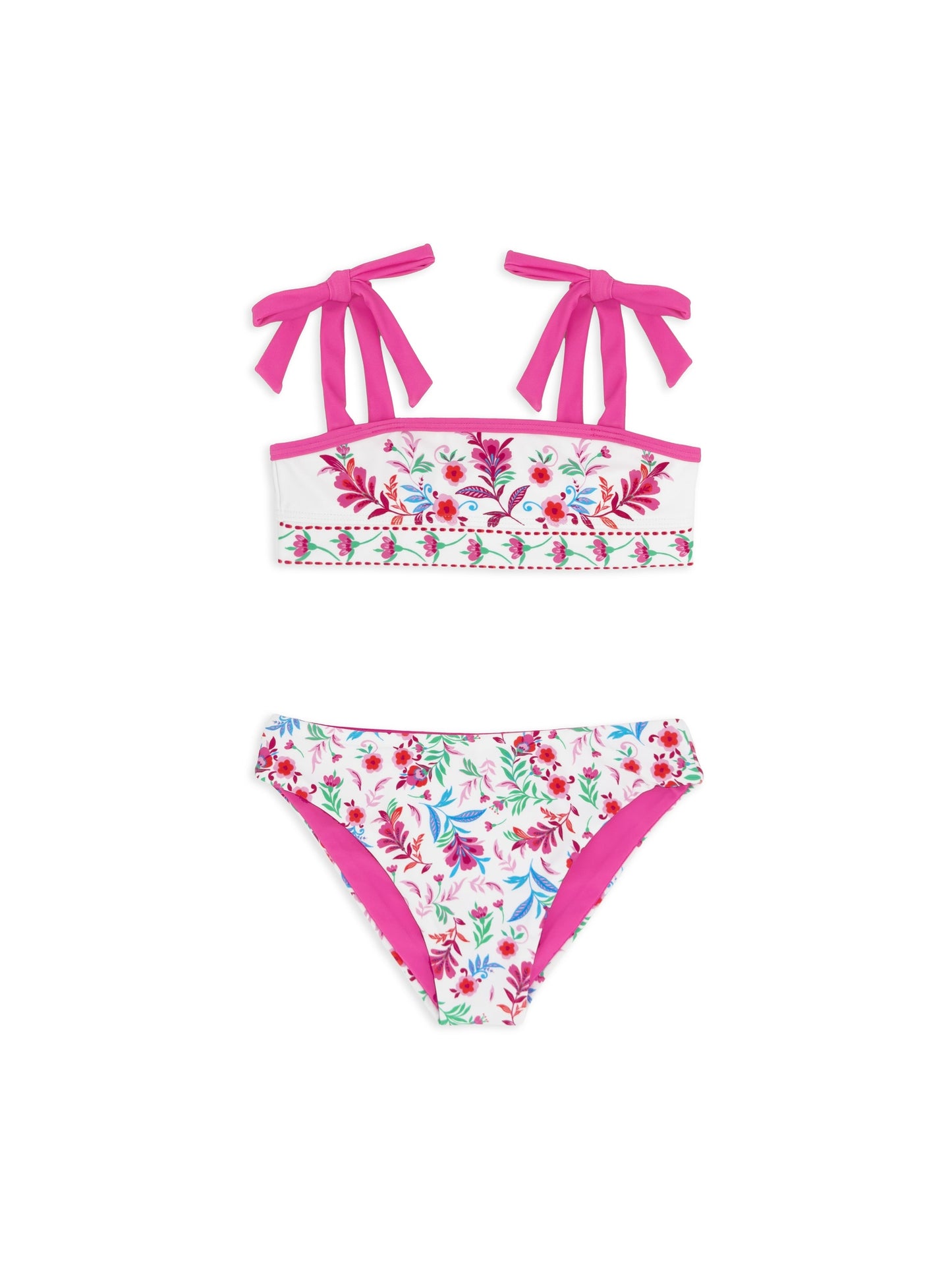 Girls' Sunny Skies bikini set with white floral print and pink trim