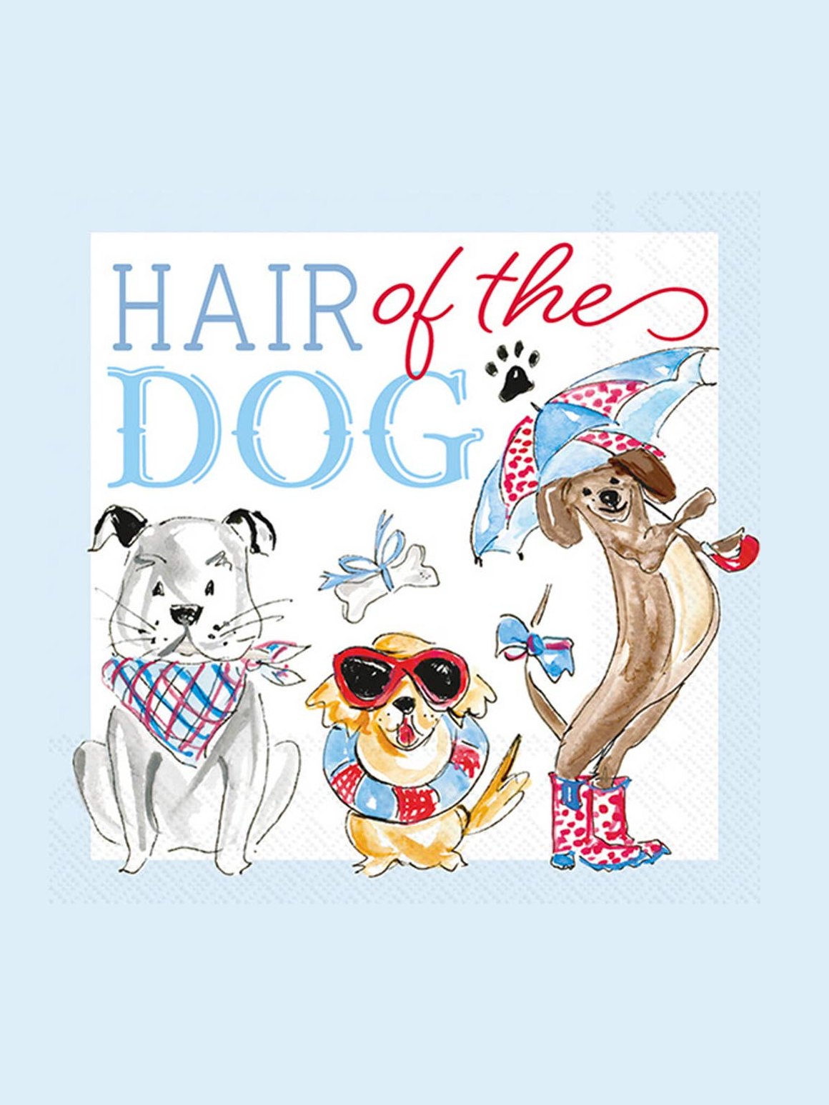 Hair of the Dog cocktail napkins with watercolor dog illustration and plaid bandana detail