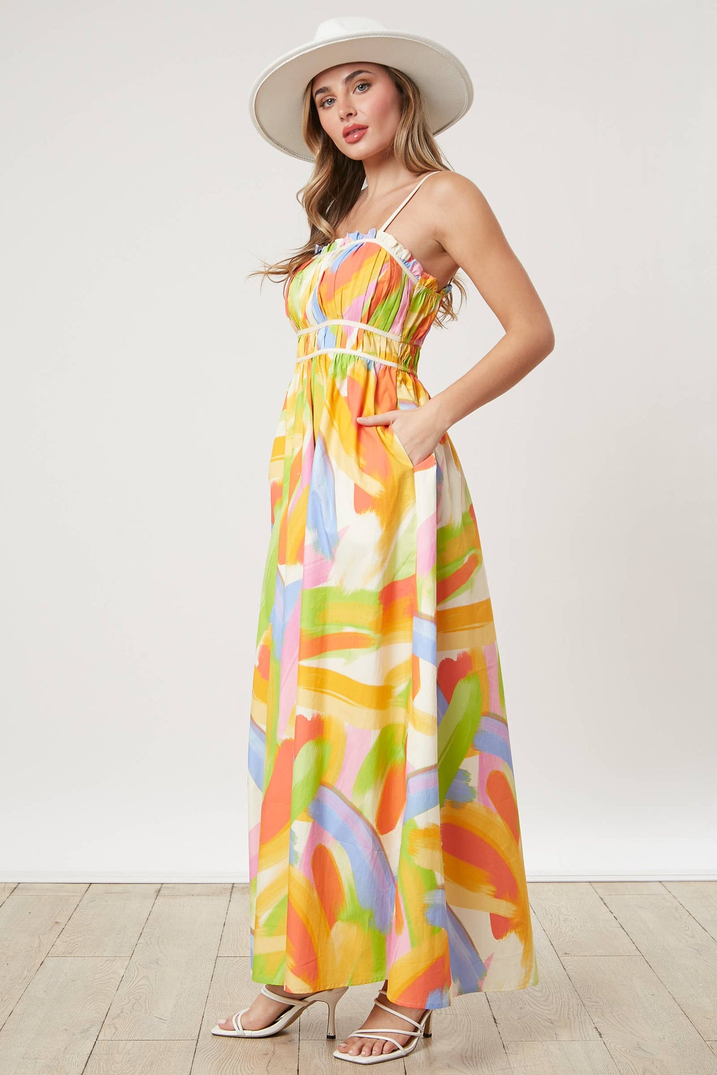 Pleated Binding Brushed Print Maxi Dress