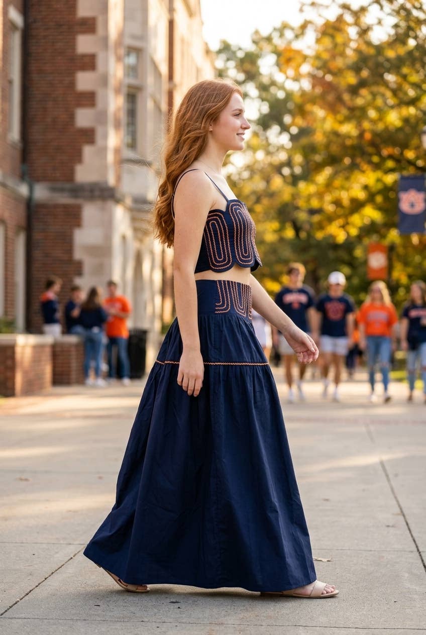 Exclusive Lace Trimmed Top & Skirt Set: NAVY/WHITE / L
