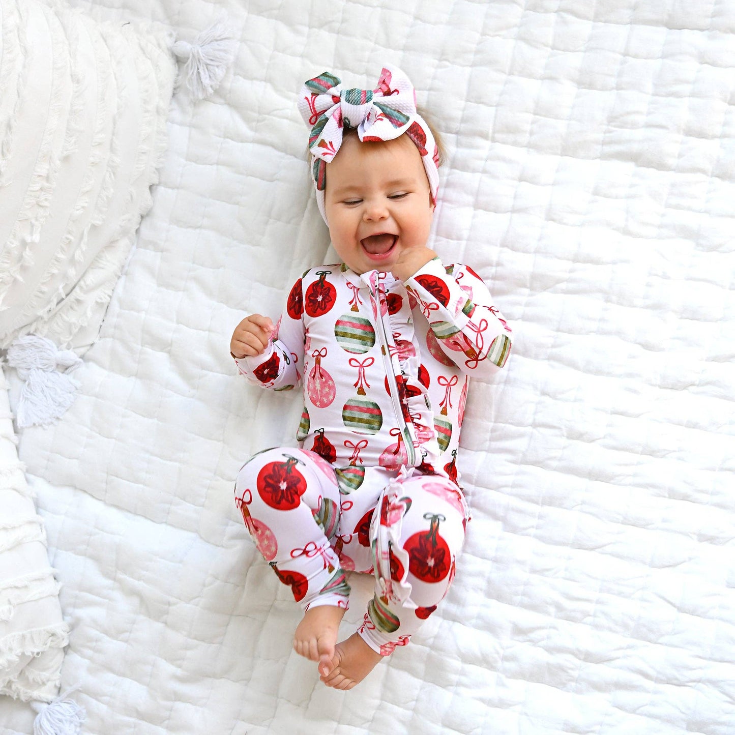 Kit Ornaments Ruffle Zip Christmas Ruffle  bamboo baby one piece outfit