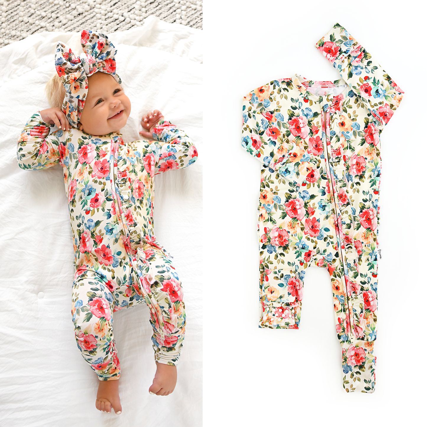 Nayeli RUFFLE ZIP Bamboo One Piece Floral Baby Clothing