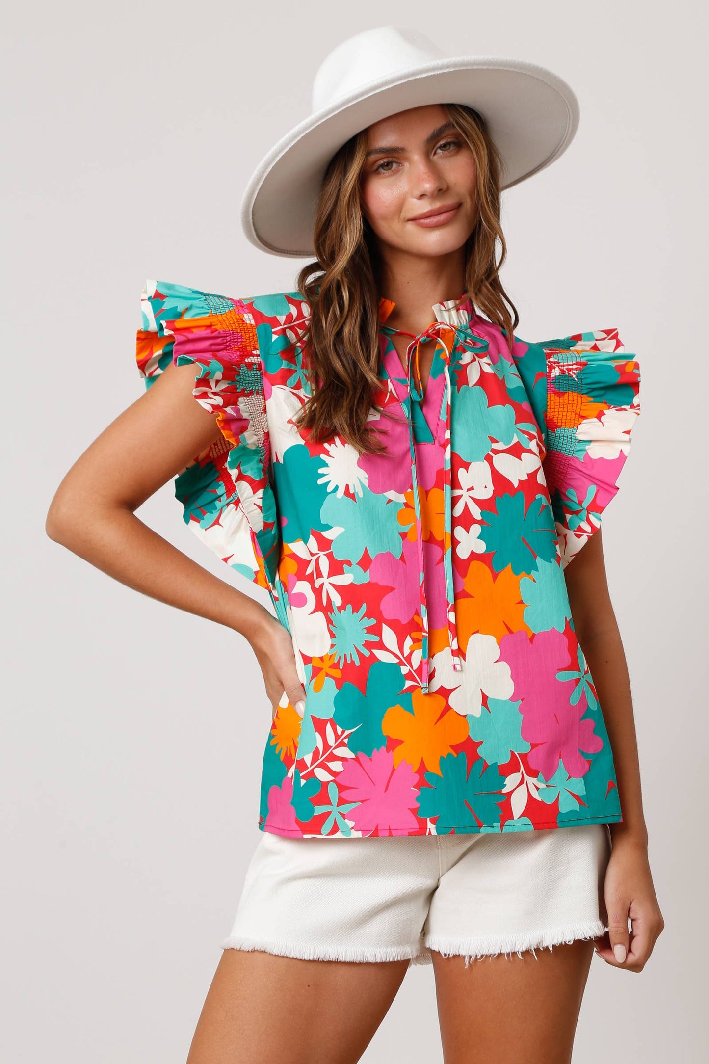 Poplin Floral Print V-Neck Ruffle Top