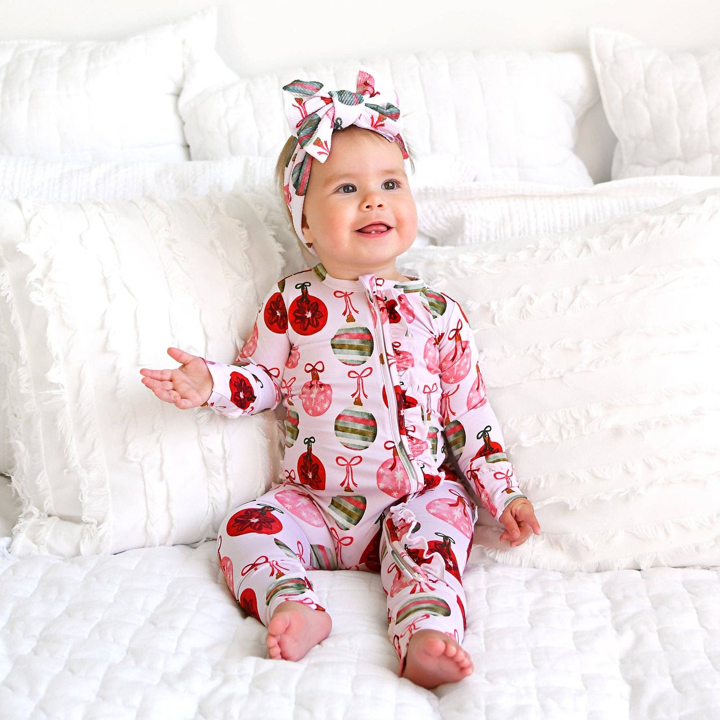 Kit Ornaments Ruffle Zip Christmas Ruffle  bamboo baby one piece outfit