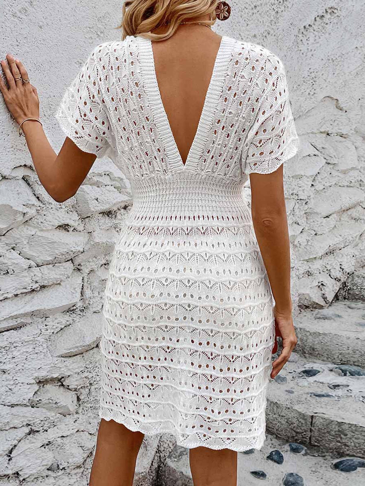 Deep V-neck Wave Pattern Hollowed Out Beach Dress