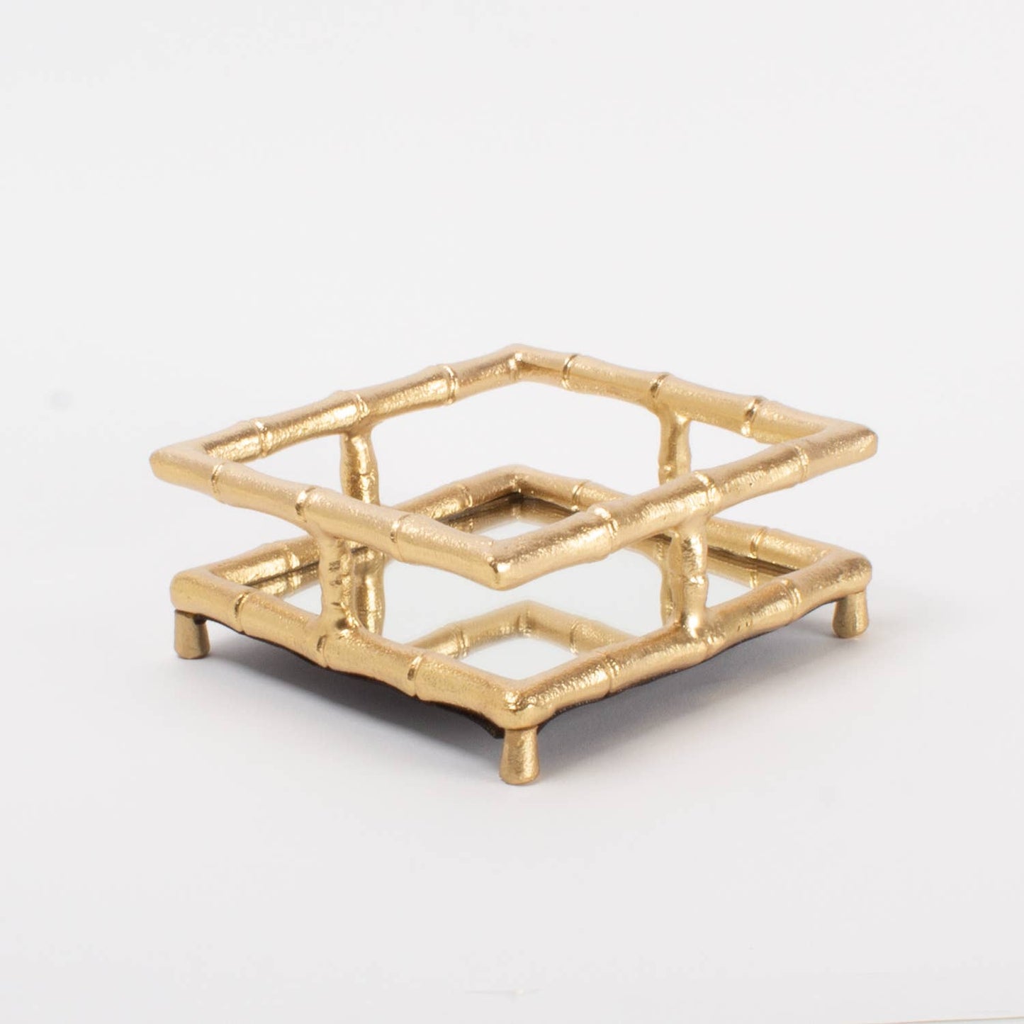Gold Bamboo Cocktail Napkin Tray with Mirror Base