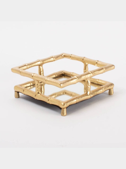 Gold Bamboo Cocktail Napkin Tray with Mirror Base