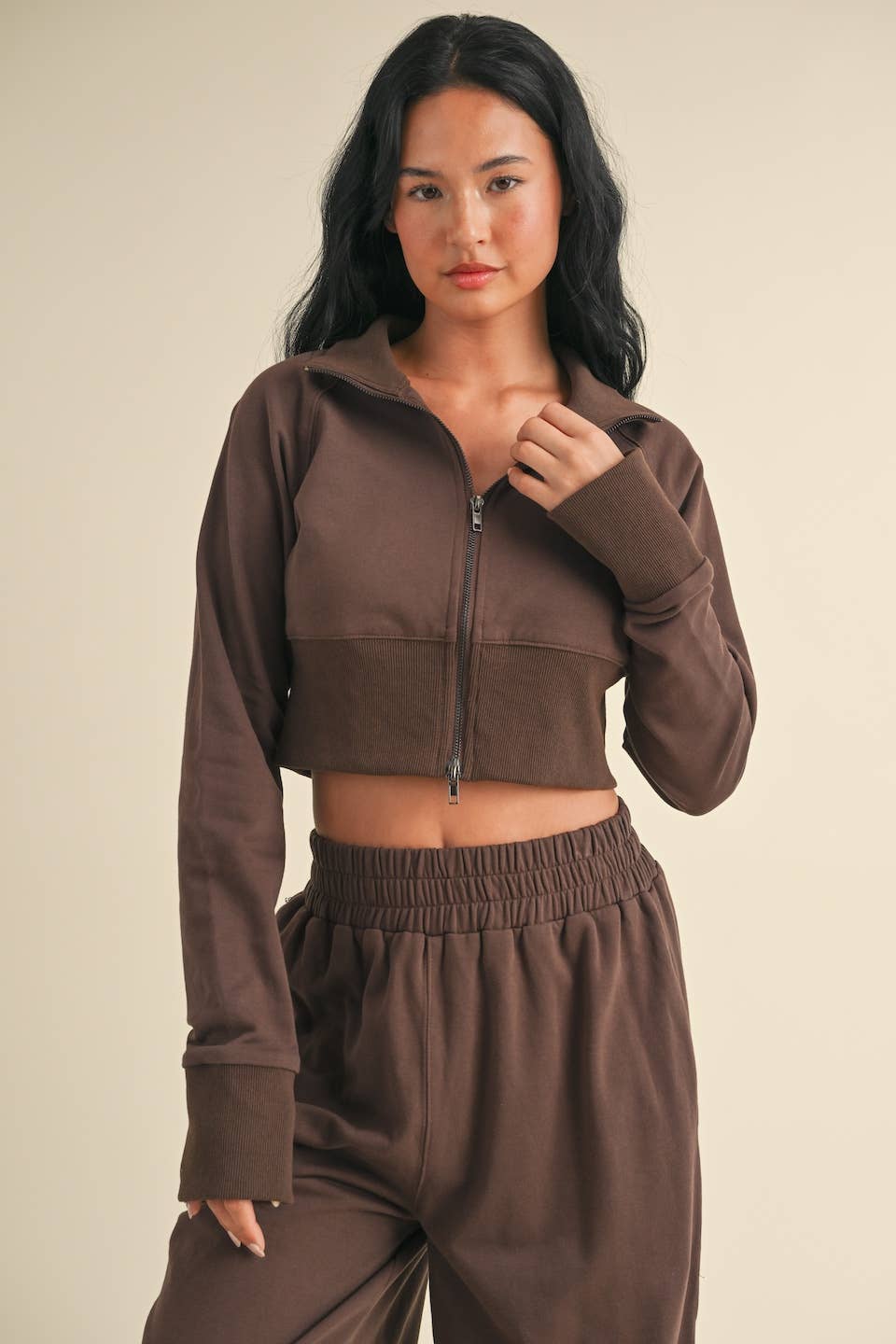 French Terry Crop Jacket and Flowy Jogger Pants Set