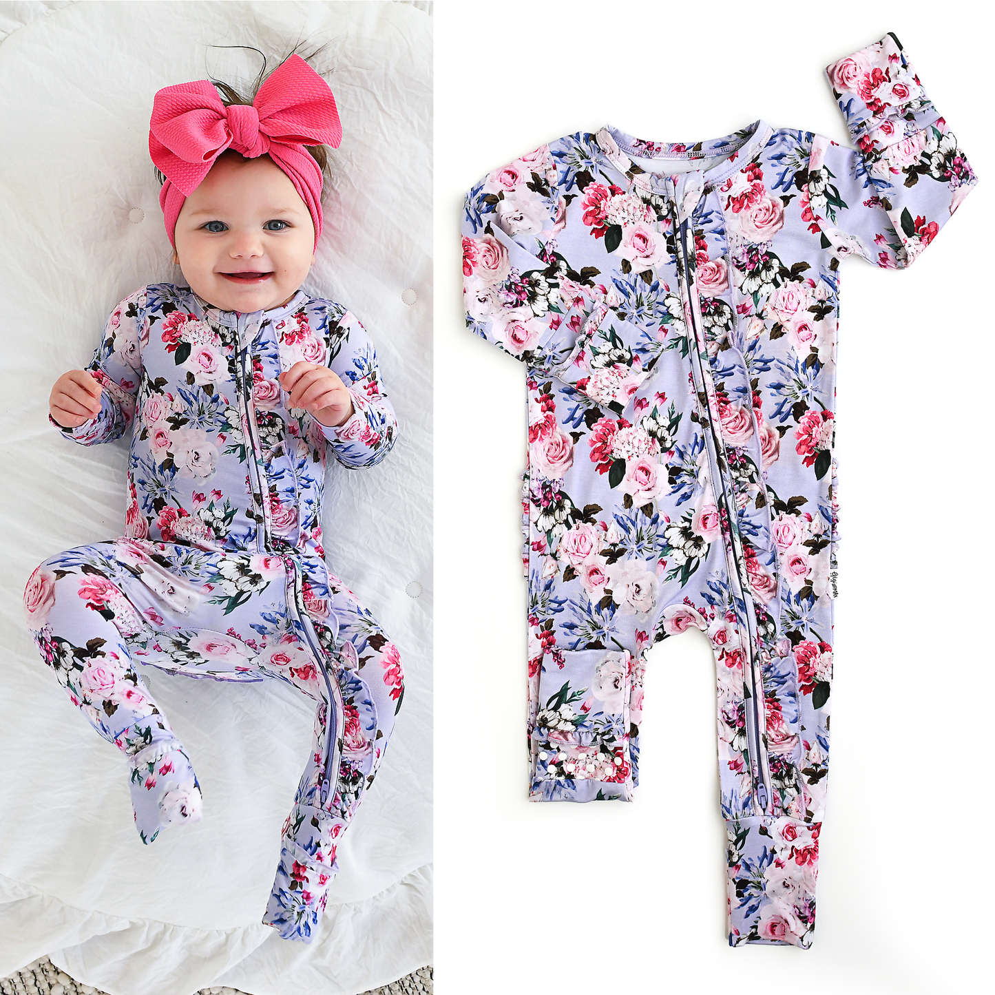 Emerson Floral Ruffle Zip Bamboo Baby Sleepies Little