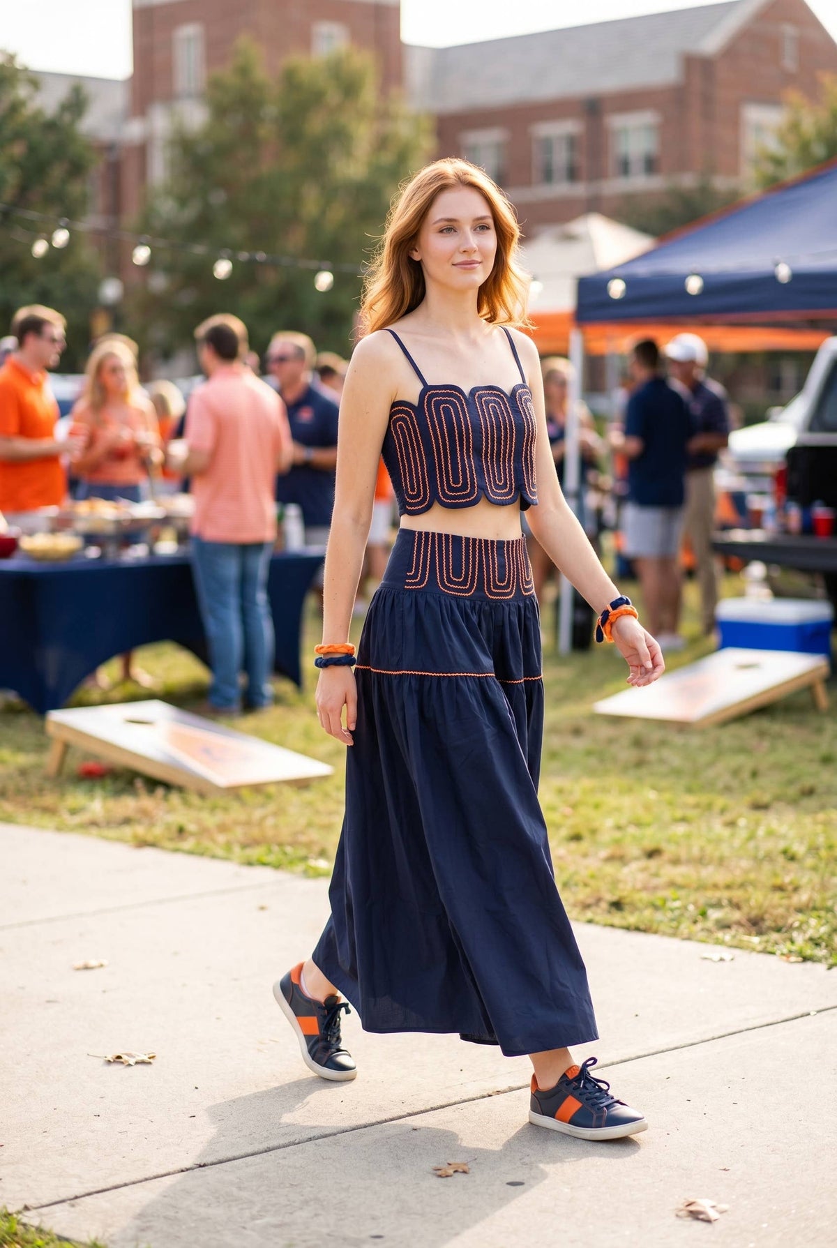 Exclusive Lace Trimmed Top & Skirt Set: NAVY/WHITE / M