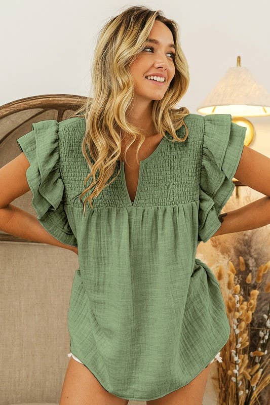 Crinkle Gauze Ruffle Smocked Yoke Top