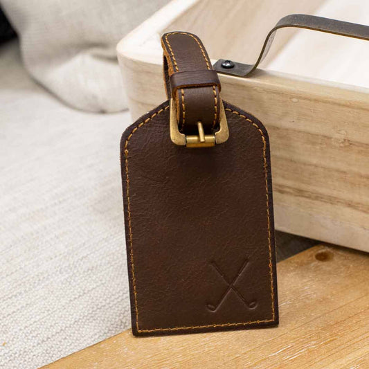 Golf Leather Embossed Luggage Tag   Dark Brown   3x4.75