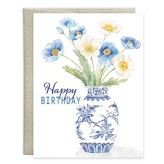 With Scripture Birthday Card - Blue Flowers in China Vase