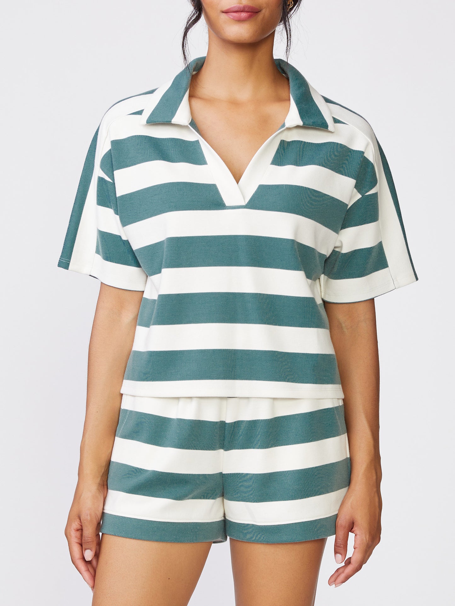 Stripe Johnny Collar Pullover- Eucalyptus Cream