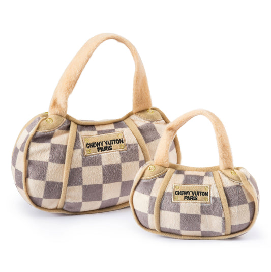 Tan Checker Chewy Vuiton Handbag | Plush Squeaker Dog Toy