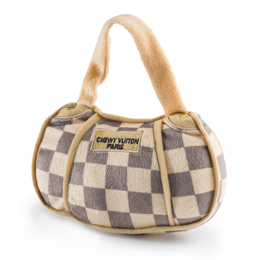 Tan Checker Chewy Vuiton Handbag | Plush Squeaker Dog Toy