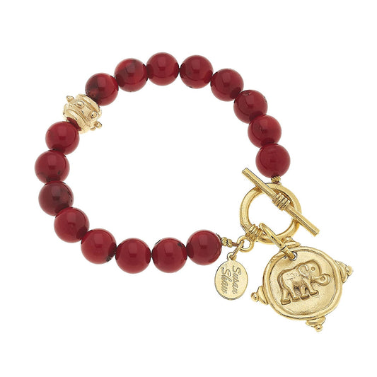 Gold Elephant on Red Coral Bracelet