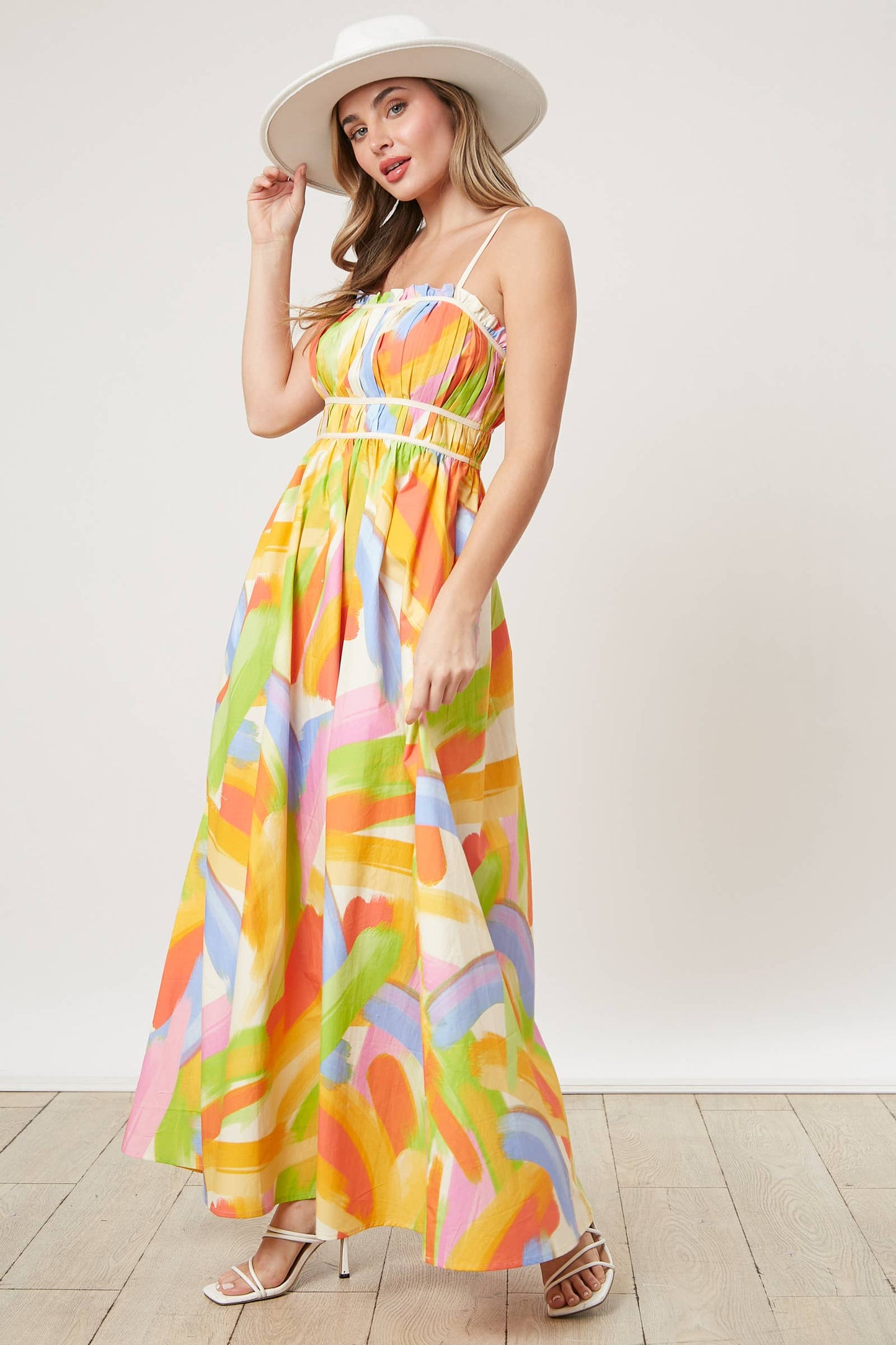 Pleated Binding Brushed Print Maxi Dress