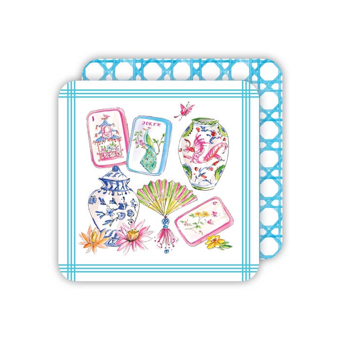 Mahjong Icons Pots Fan Tiles and Flowers Square Coasters - Thumbnail 2