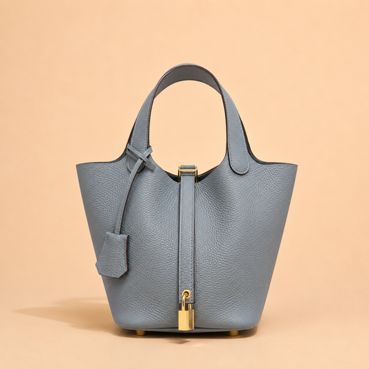 Leather Handbag with Lock - Steel Blue