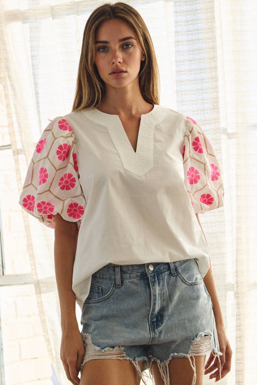 V-neck Floral Embroidery Blouse