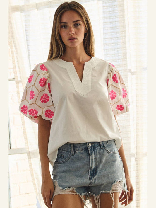 V-neck Floral Embroidery Blouse