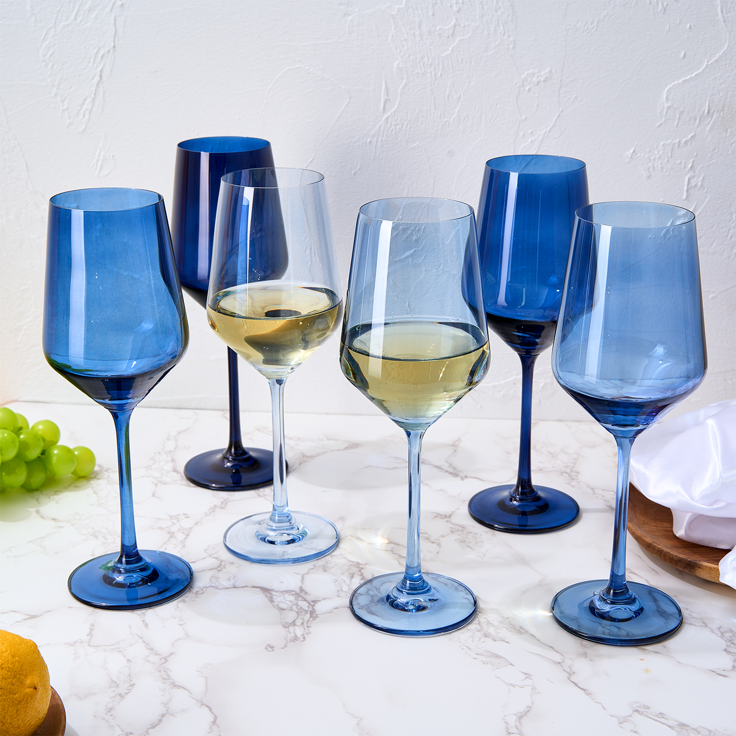 6 Shades of Blue Colored Crystal Wine Glass Set