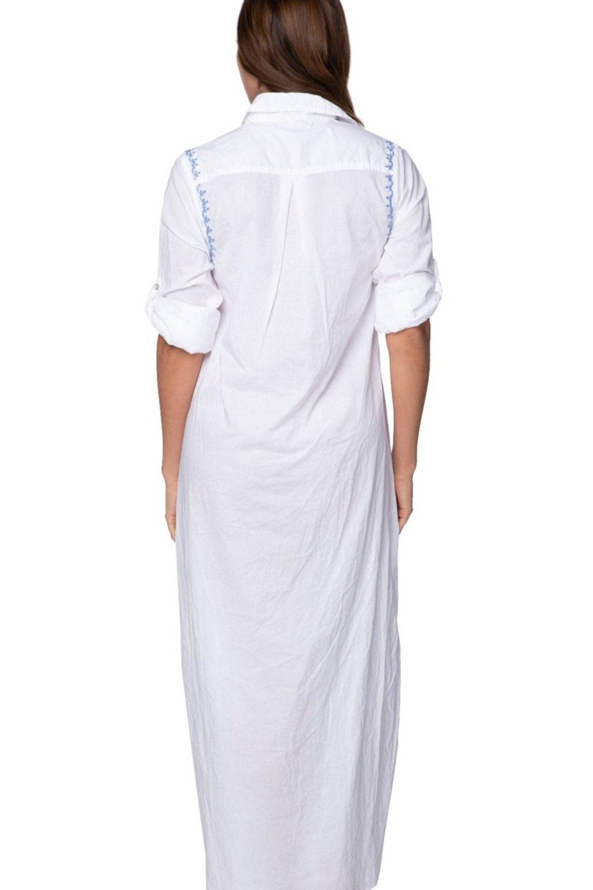 Maxi Boyfriend Cotton Shirt Dress with Contrast Embroideries