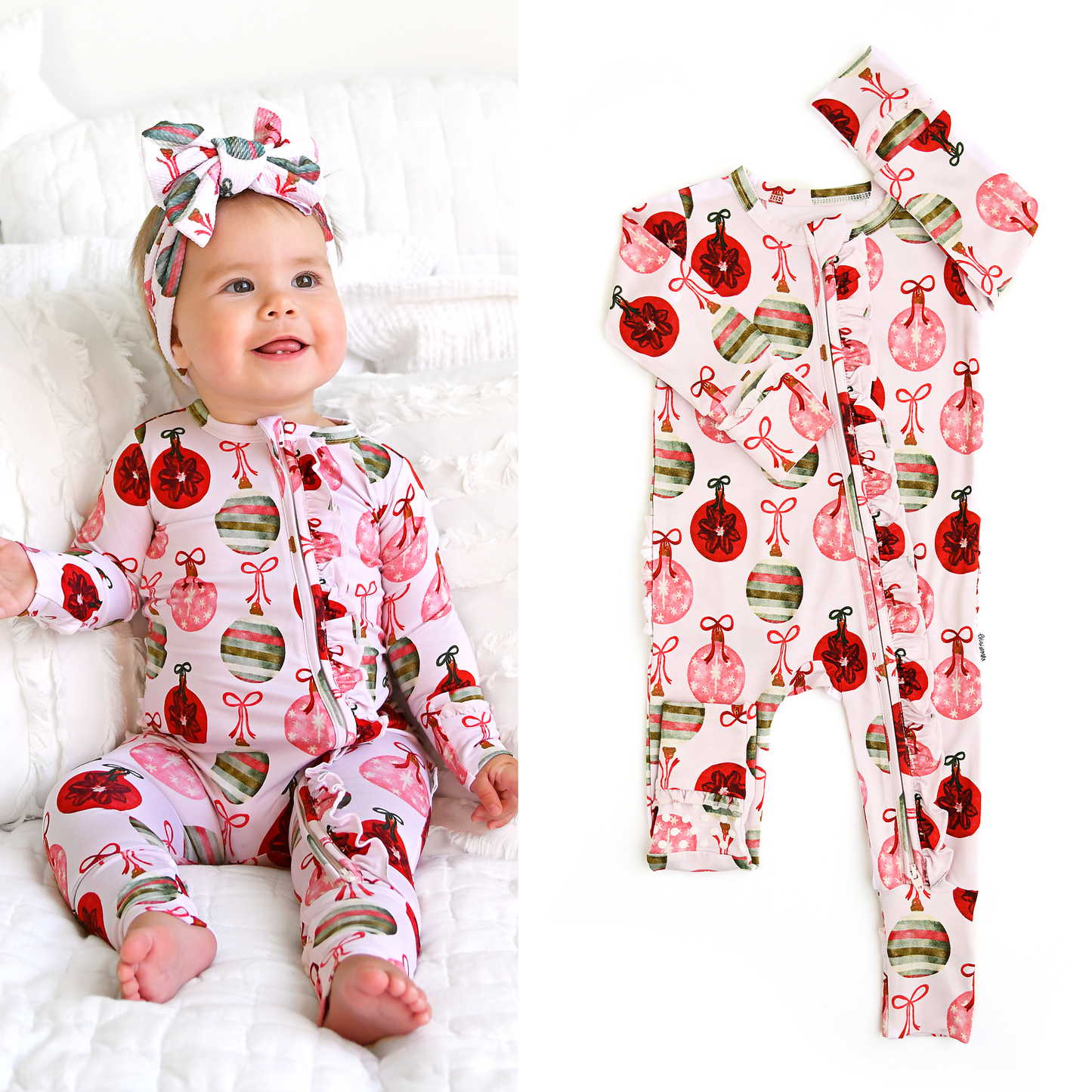 Kit Ornaments Ruffle Zip Christmas Ruffle  bamboo baby one piece outfit