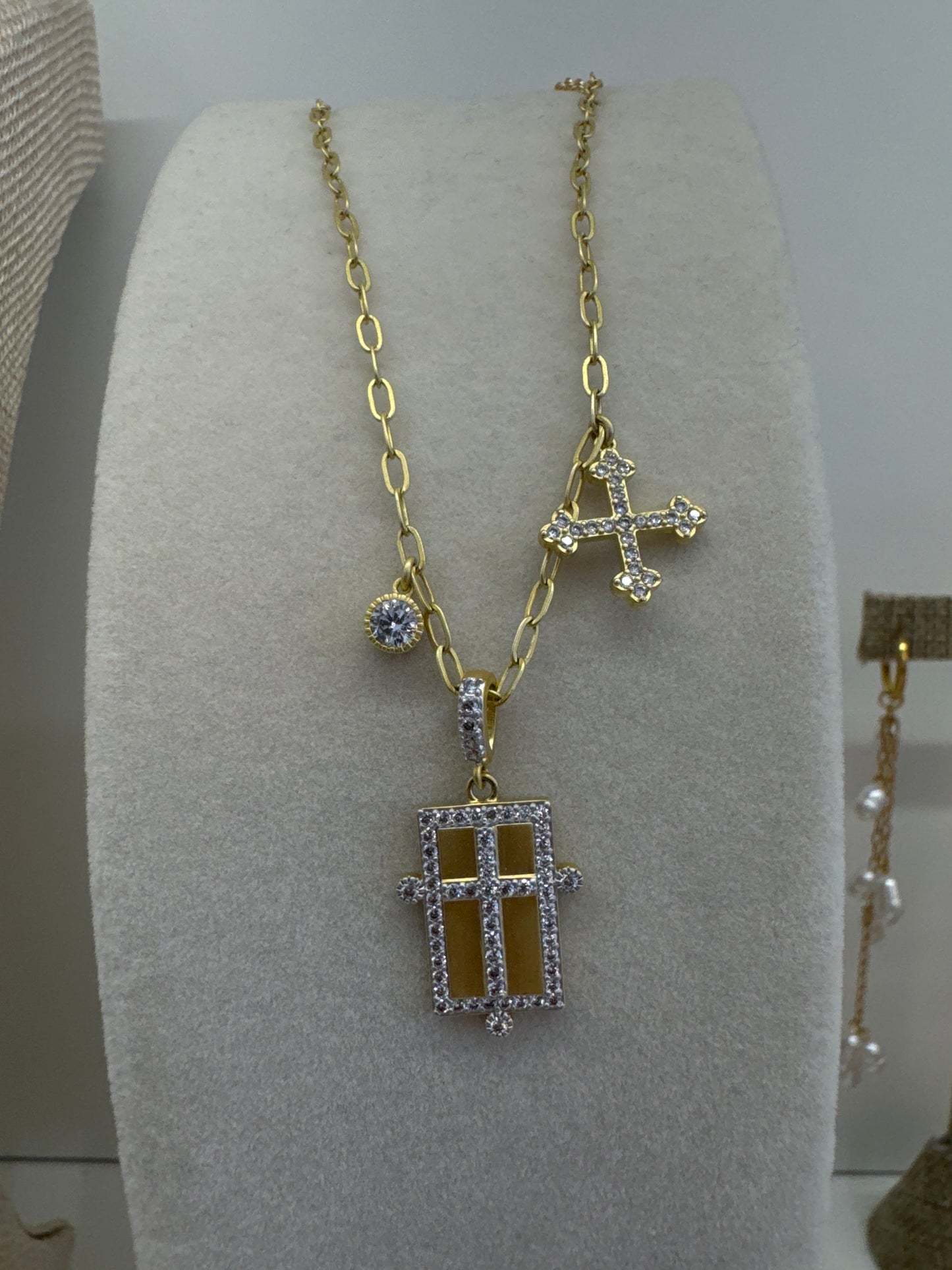 Silver and Gold Small Cross Pave Necklace